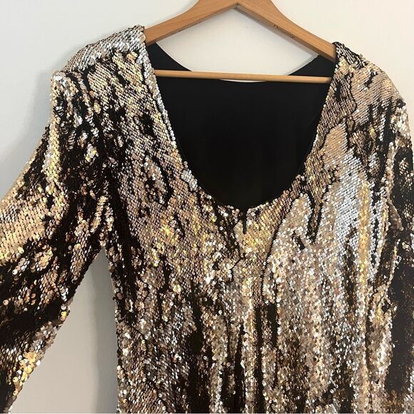 Dress The Population Natalie Long Sleep Low Back Sequin Dress Gold, Size XL, NWT - Picture 7 of 14